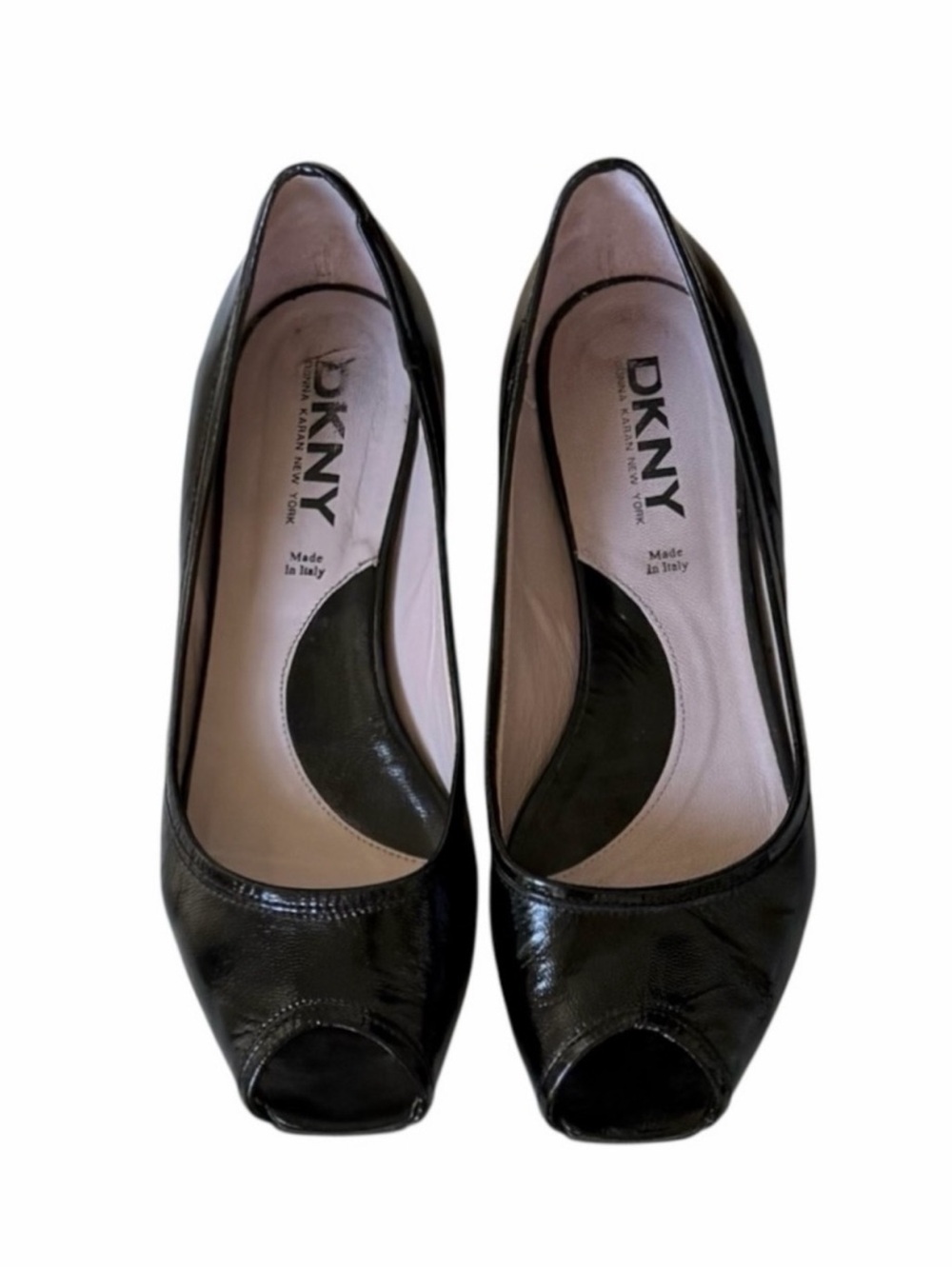 Donna Karan New York Black Patent Leather Peep Toe Flats Size 7.5 with Box